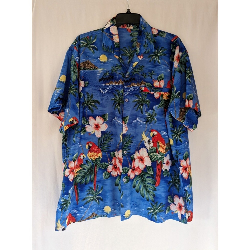 Hawaiian Silky Shirt Mens Sz XL * Short Sleeve Button Up  BLue Red Pocket